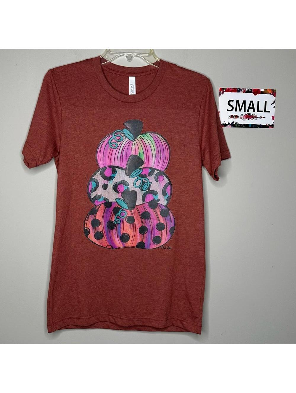 Triple Pumpkin Tower Small Fall Tee shirt - Rust